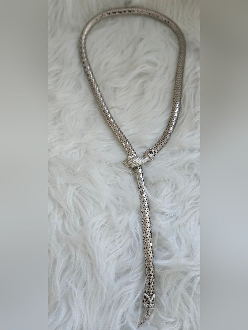 Whiting & Davis Silver Snake-Style Knot Lariat Necklace